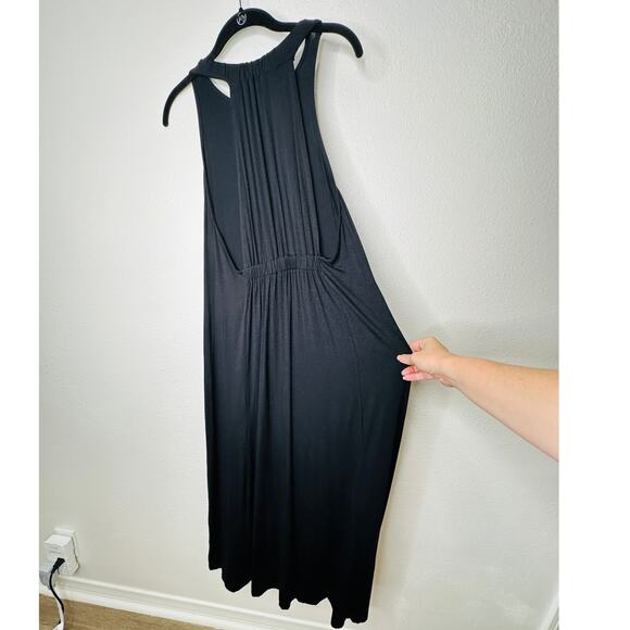 Black High Neck Plunging Sides Sleeveless Gathered Flowy Back Maxi Dress M - Picture 5 of 12